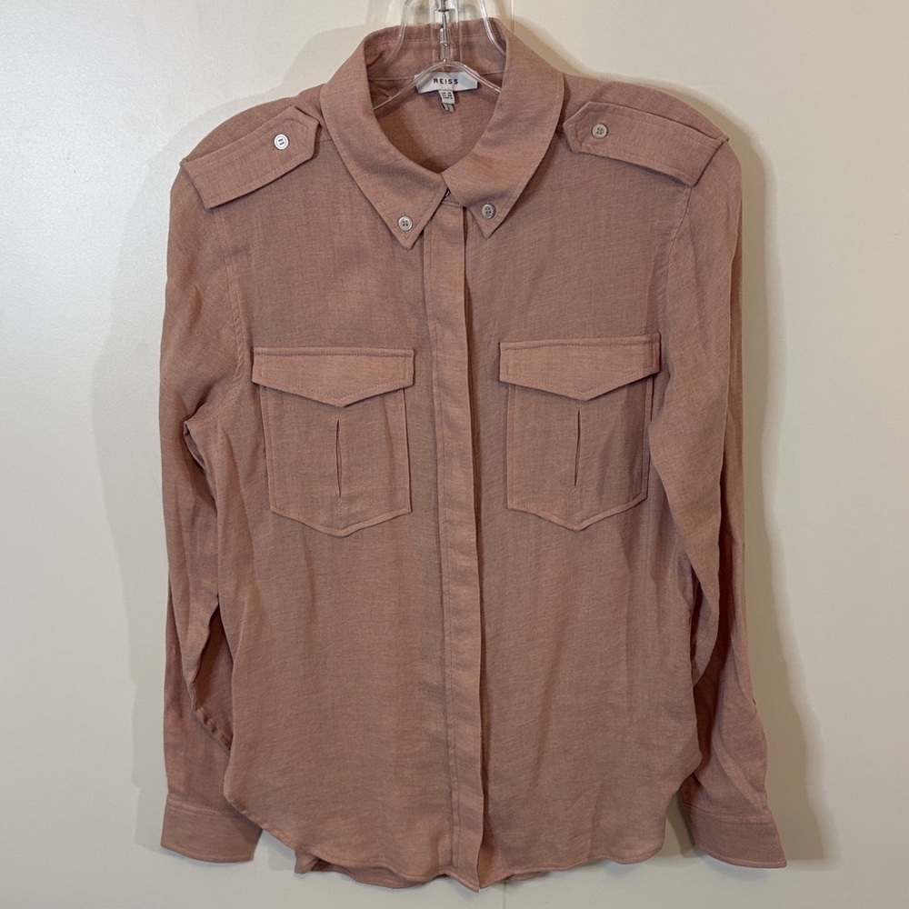 Reiss Blush Pink Linen Utility Shirt Button Front, Epaulettes size 6 - Picture 1 of 5